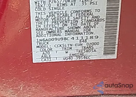 2008 Nissan Frontier Se z USA, uszkodzony, nr VIN 1N6AD09U98C411189